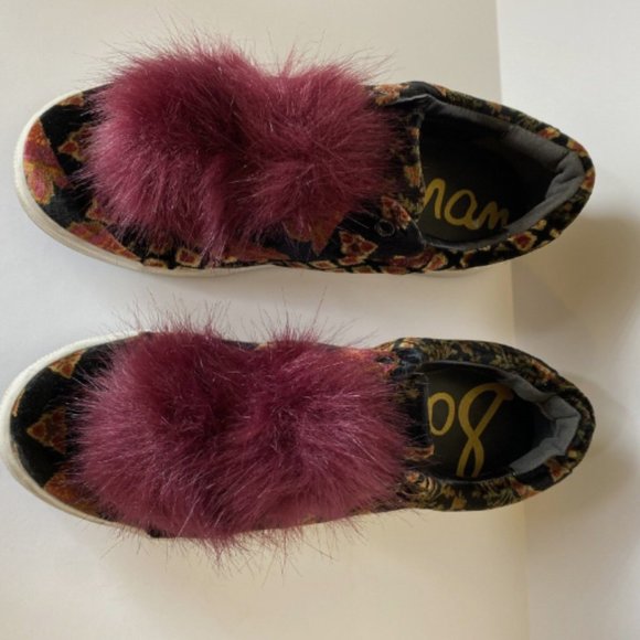 Sam Edelman Leya Velvet Shoes Faux Fur PomPom Slip-On Sneakers size 8.5 Burgundy - Picture 17 of 17